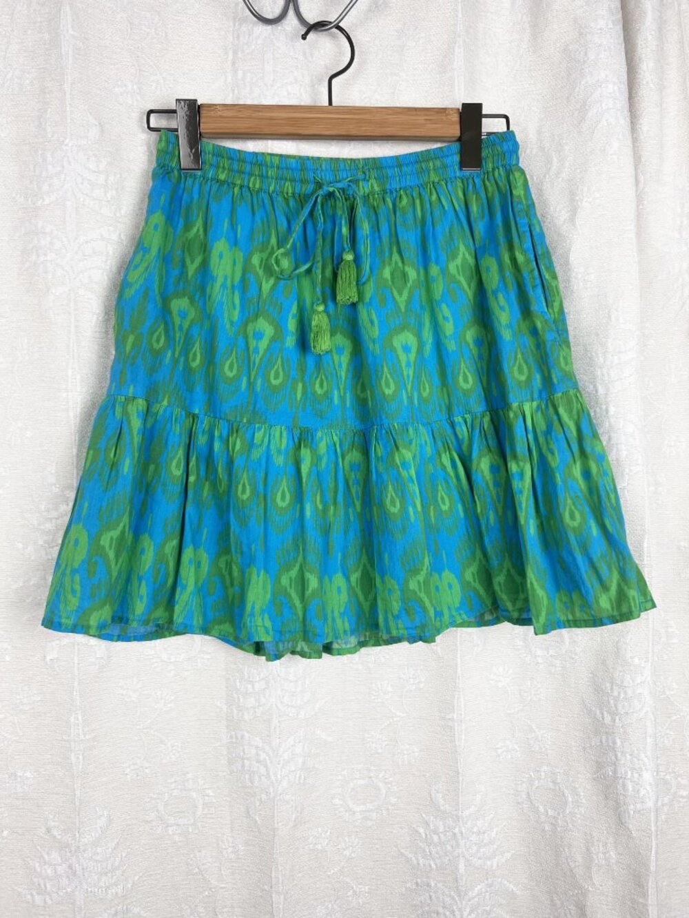La Plage ikat ruffle mini skirt tassels elastic waist cotton colorful summer M